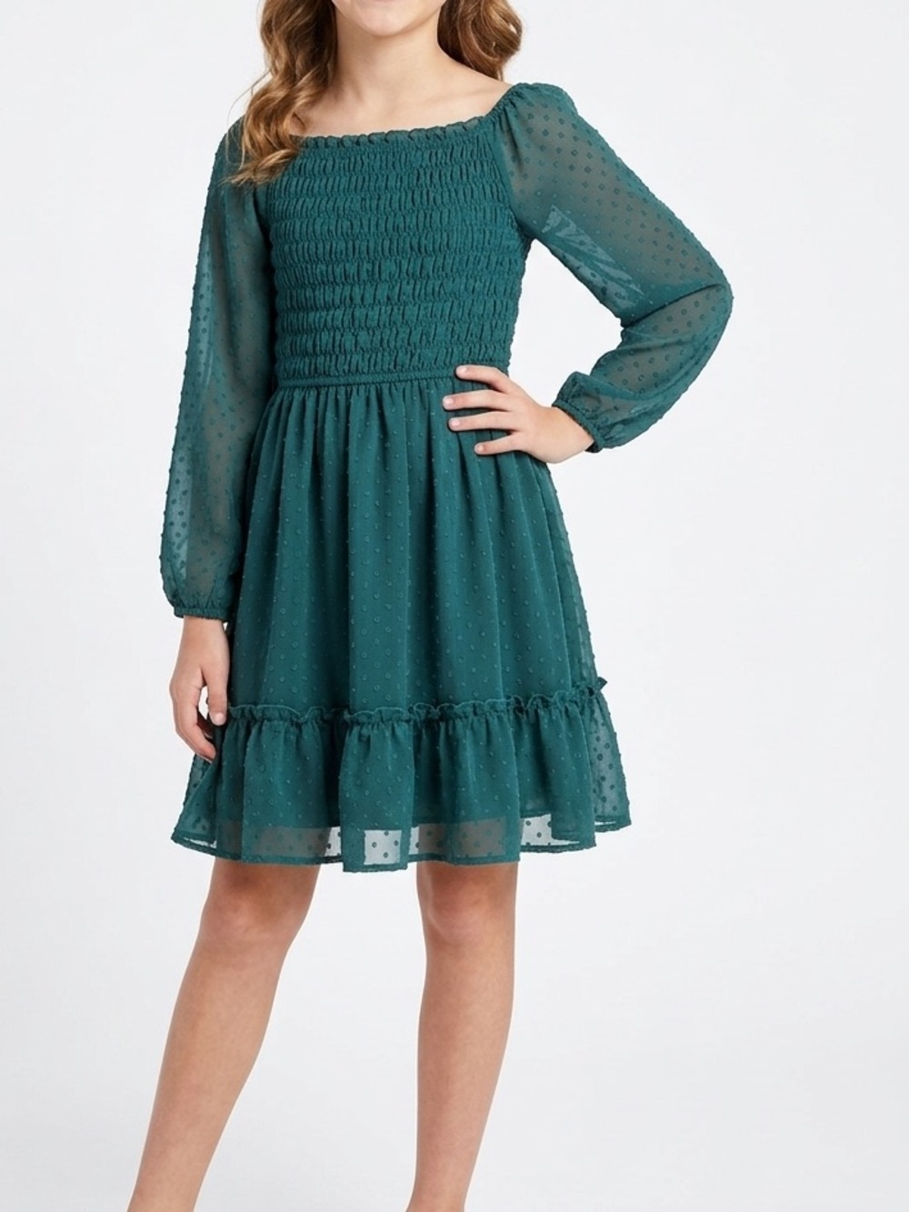 AVA & YELLY Girls Swiss Dot Smocked Semi-Sheer Dark Green Long Sleeve Midi Dress